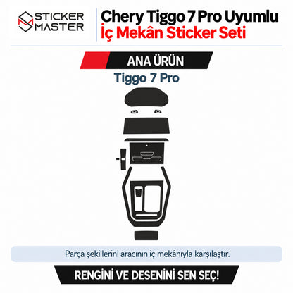 Chery Tiggo 7 Pro iç mekân sticker seti, gösterge bölgesi, panel, kumanda ve orta konsol parça şeması