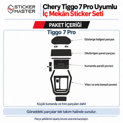 Chery Tiggo 7 Pro iç mekân sticker setinin parça adlarıyla açıklanmış paket içeriği