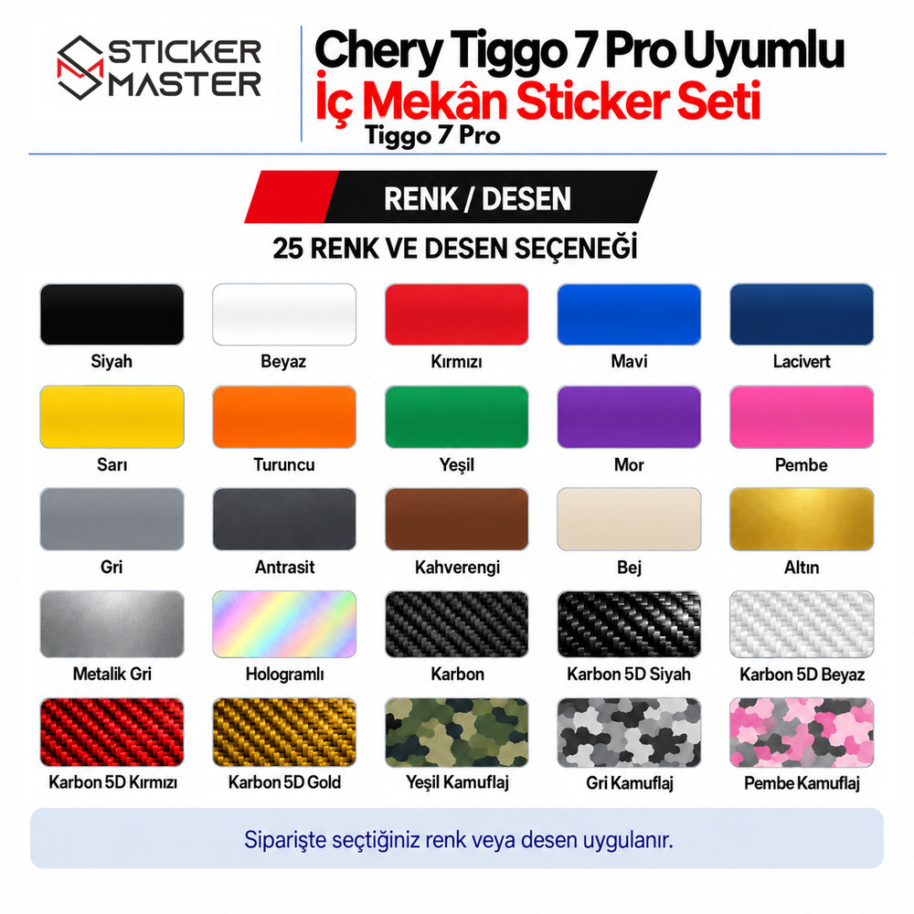 Chery Tiggo 7 Pro iç mekân sticker seti 25 renk ve desen seçeneği