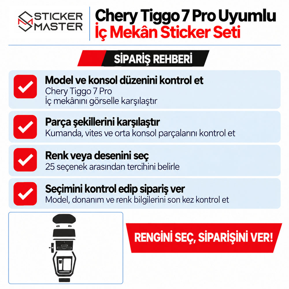 Chery Tiggo 7 Pro iç mekân sticker seti model, konsol düzeni, parça şekli ve renk seçimi rehberi