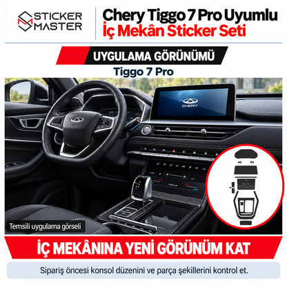 Chery Tiggo 7 Pro vites ve orta konsol çevresinde karbon desenli temsili iç mekân sticker uygulaması