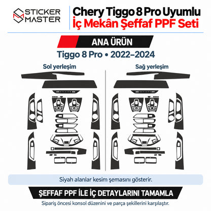 Chery Tiggo 8 Pro 2022–2024 şeffaf iç mekân PPF setinin sol ve sağ alternatif yerleşim kesim şemaları