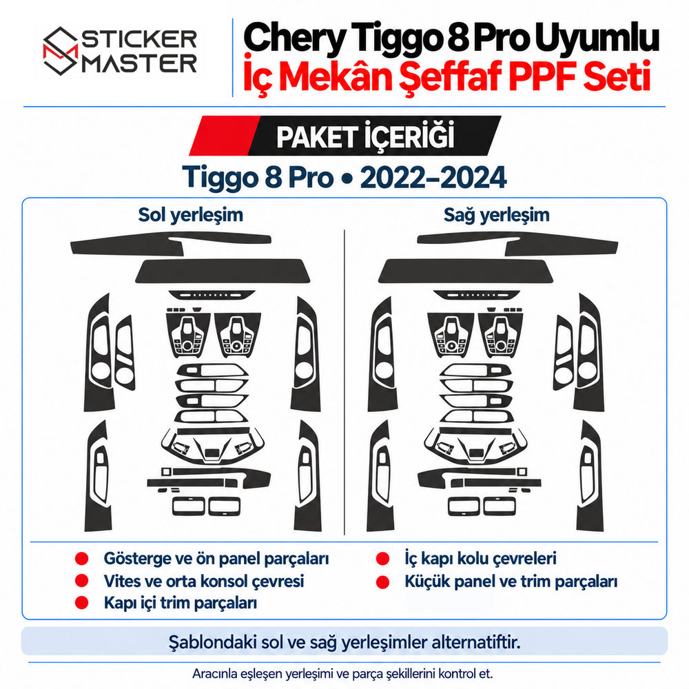 Chery Tiggo 8 Pro 2022–2024 şeffaf PPF setinde gösterge, ön panel, orta konsol, kapı içi trim ve kapı kolu çevresi parça grupları