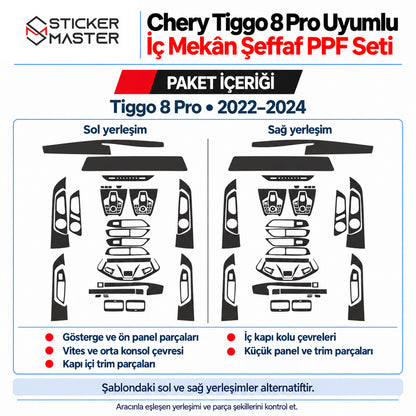 Chery Tiggo 8 Pro 2022–2024 şeffaf PPF setinde gösterge, ön panel, orta konsol, kapı içi trim ve kapı kolu çevresi parça grupları