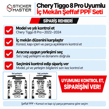 Chery Tiggo 8 Pro 2022–2024 şeffaf PPF seti model, yıl, donanım ve yerleşim kontrolü içeren sipariş rehberi