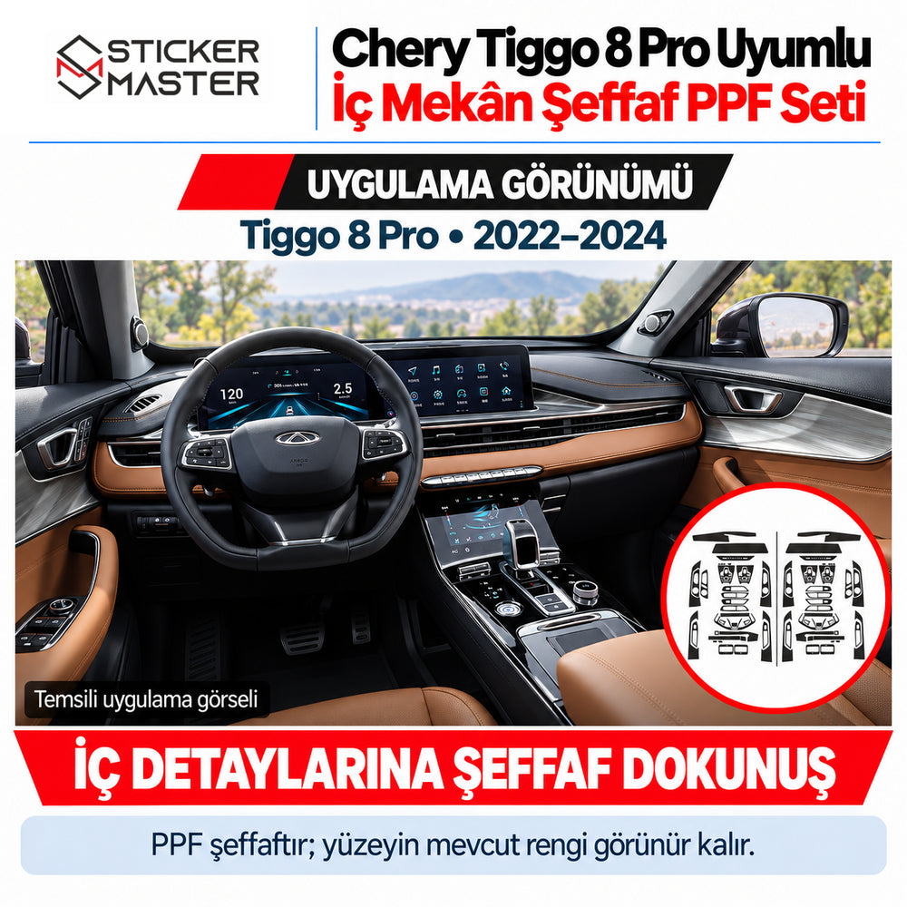 Chery Tiggo 8 Pro 2022–2024 kokpitinde fabrika renklerini görünür bırakan temsili şeffaf iç mekân PPF uygulaması