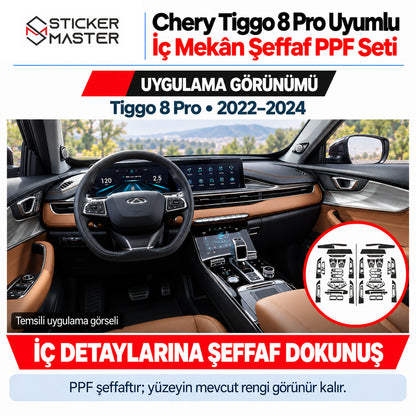 Chery Tiggo 8 Pro 2022–2024 kokpitinde fabrika renklerini görünür bırakan temsili şeffaf iç mekân PPF uygulaması