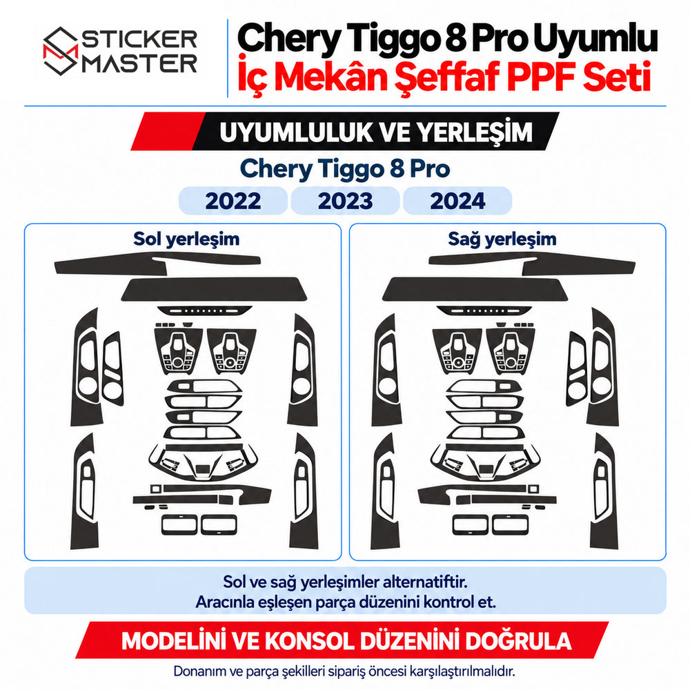Chery Tiggo 8 Pro 2022, 2023 ve 2024 şeffaf PPF seti için sol ve sağ alternatif yerleşim karşılaştırması