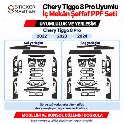 Chery Tiggo 8 Pro 2022, 2023 ve 2024 şeffaf PPF seti için sol ve sağ alternatif yerleşim karşılaştırması