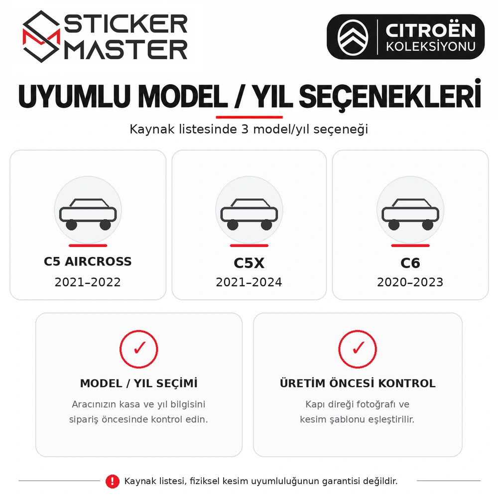Citroen kapı direği sticker – kaynak model yılı listesi: C5 Aircross C5X C6