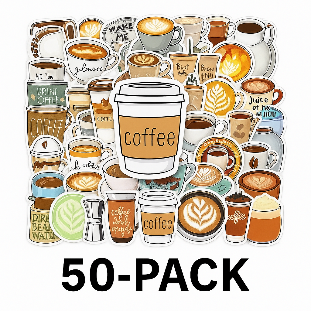 Sticker Master 50’li Kahve Temalı Sticker Seti – Su Geçirmez Kawaii Vinyl Çıkartmalar (Laptop, Defter, Kaykay, Bisiklet, Bavul) | 14+