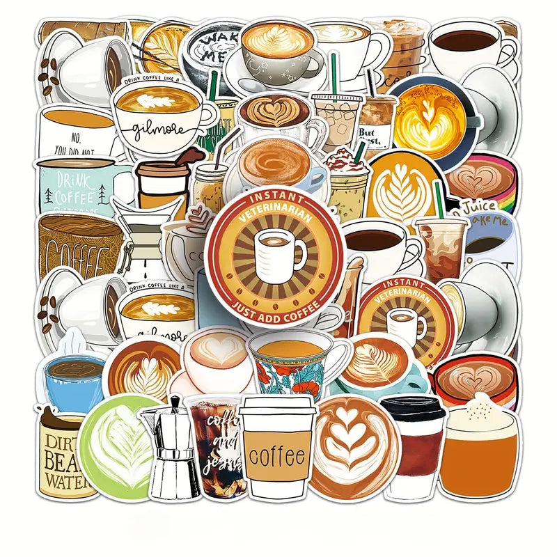 Sticker Master 50’li Kahve Temalı Sticker Seti – Su Geçirmez Kawaii Vinyl Çıkartmalar (Laptop, Defter, Kaykay, Bisiklet, Bavul) | 14+