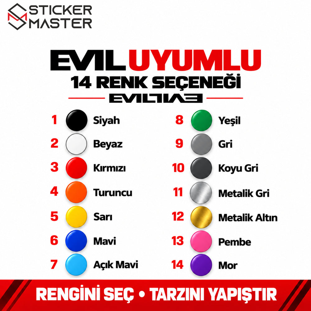Evil uyumlu bisiklet sticker seti için 14 renk seçeneği ve Türkçe renk adları