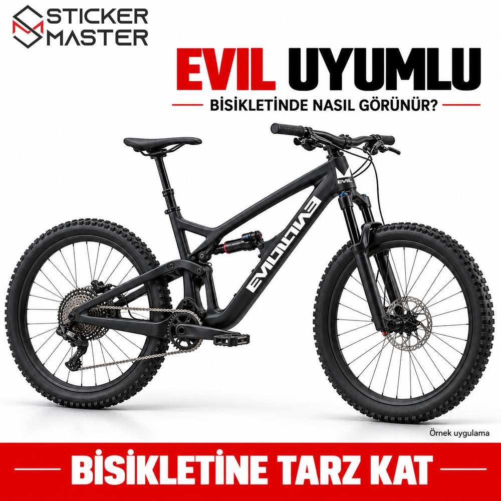 Evil uyumlu beyaz stickerların siyah bisiklet kadrosu üzerindeki örnek uygulaması