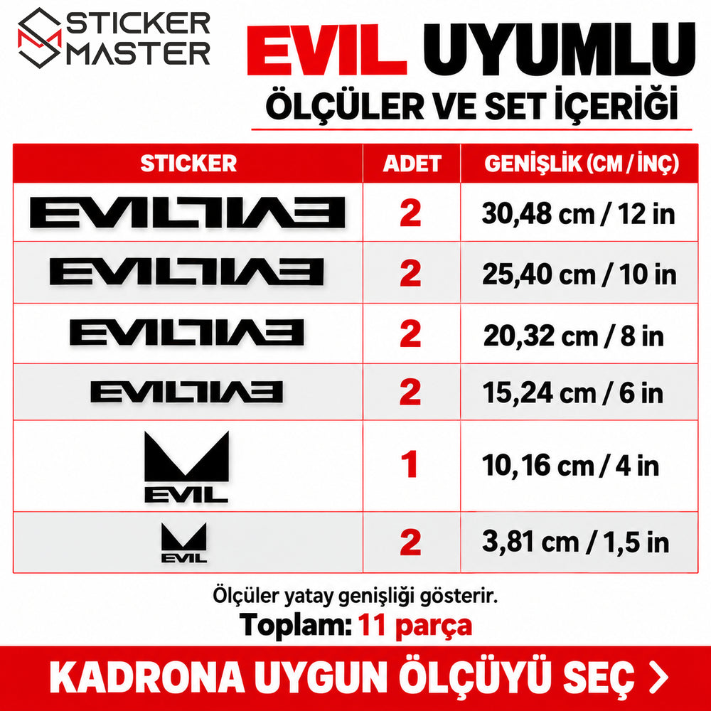 Evil bisiklet sticker setinin 11 parçalık içeriği ve altı farklı genişliğin cm ve inç ölçüleri