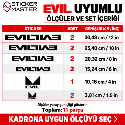Evil bisiklet sticker setinin 11 parçalık içeriği ve altı farklı genişliğin cm ve inç ölçüleri