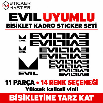 Evil uyumlu 11 parçalık bisiklet kadro sticker setinin tamamı, orijinal Sticker Master logolu