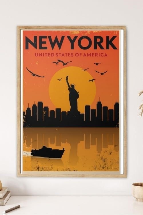 Sticker Master Vintage New York Şehir Manzarası Çerçeveli Poster, Özgürlük Heykeli ve Gün Batımı, Tu