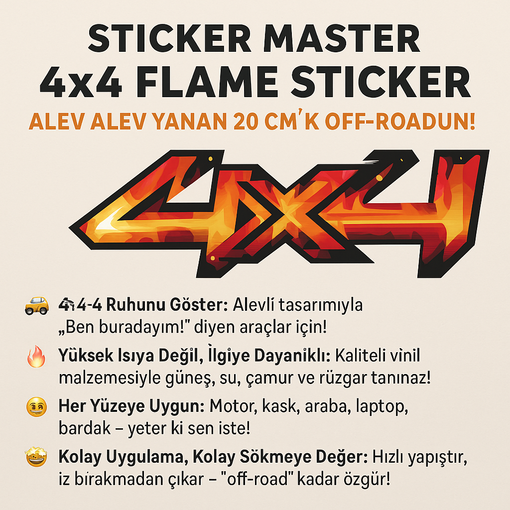 Sticker Master 4x4 Flame Sticker Motor, Kask, Laptop, Araba, Oto Araç İçin Dayanıklı Etiket Decal 20 Cm