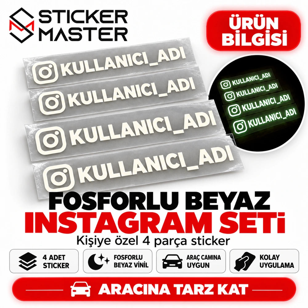 Fosforlu beyaz kişiye özel Instagram kullanıcı adı sticker 4 parça set ana görseli