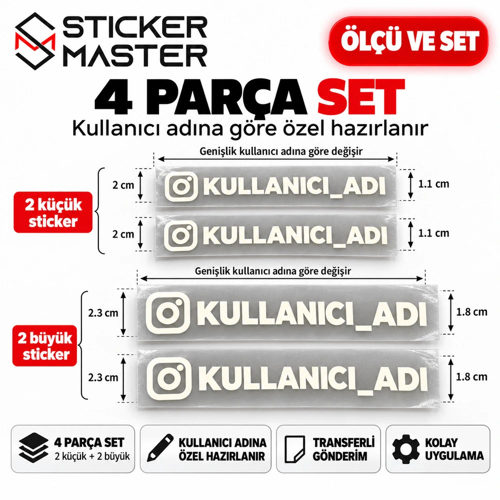 Fosforlu beyaz Instagram sticker 2 küçük 2 büyük dört parçalı set bilgisi