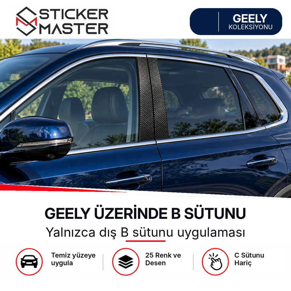 Geely araç üzerinde yalnızca B sütunu karbon desen vinil folyo uygulama örneği, C sütunu hariç