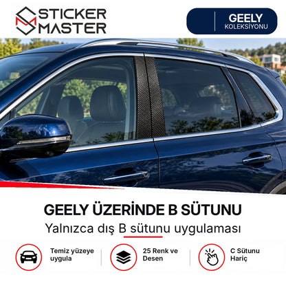 Geely araç üzerinde yalnızca B sütunu karbon desen vinil folyo uygulama örneği, C sütunu hariç