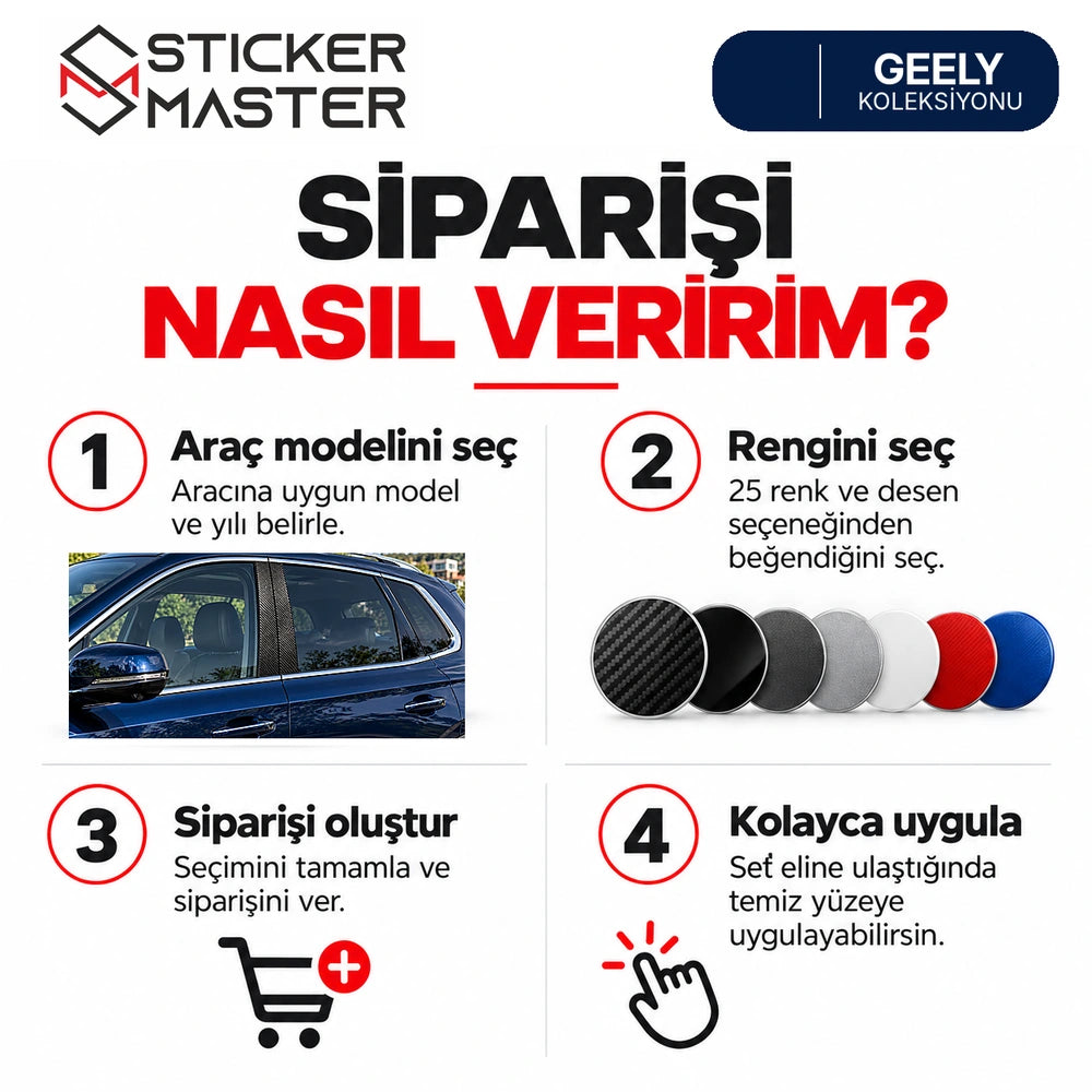 Geely kapı direği sticker seti model ve renk seçimi sipariş rehberi