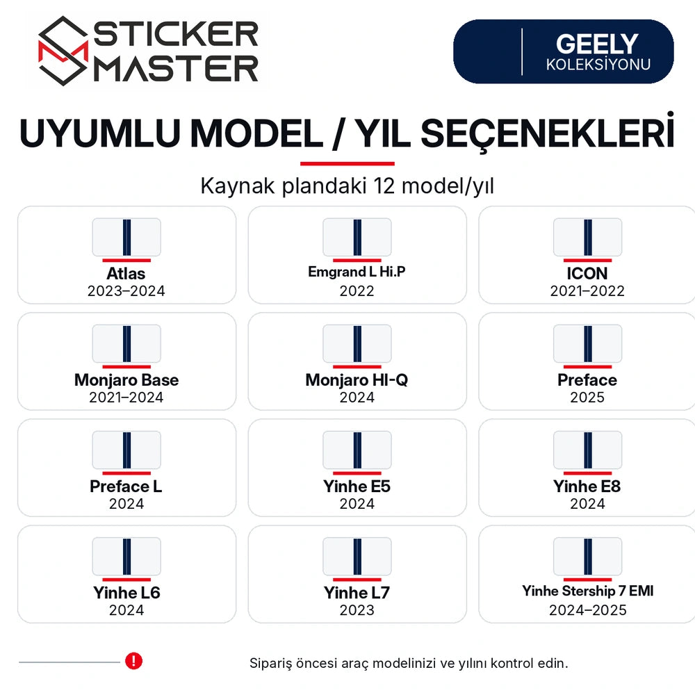 Geely uyumlu kapı direği sticker için kaynak plandaki 12 model ve yıl seçeneği