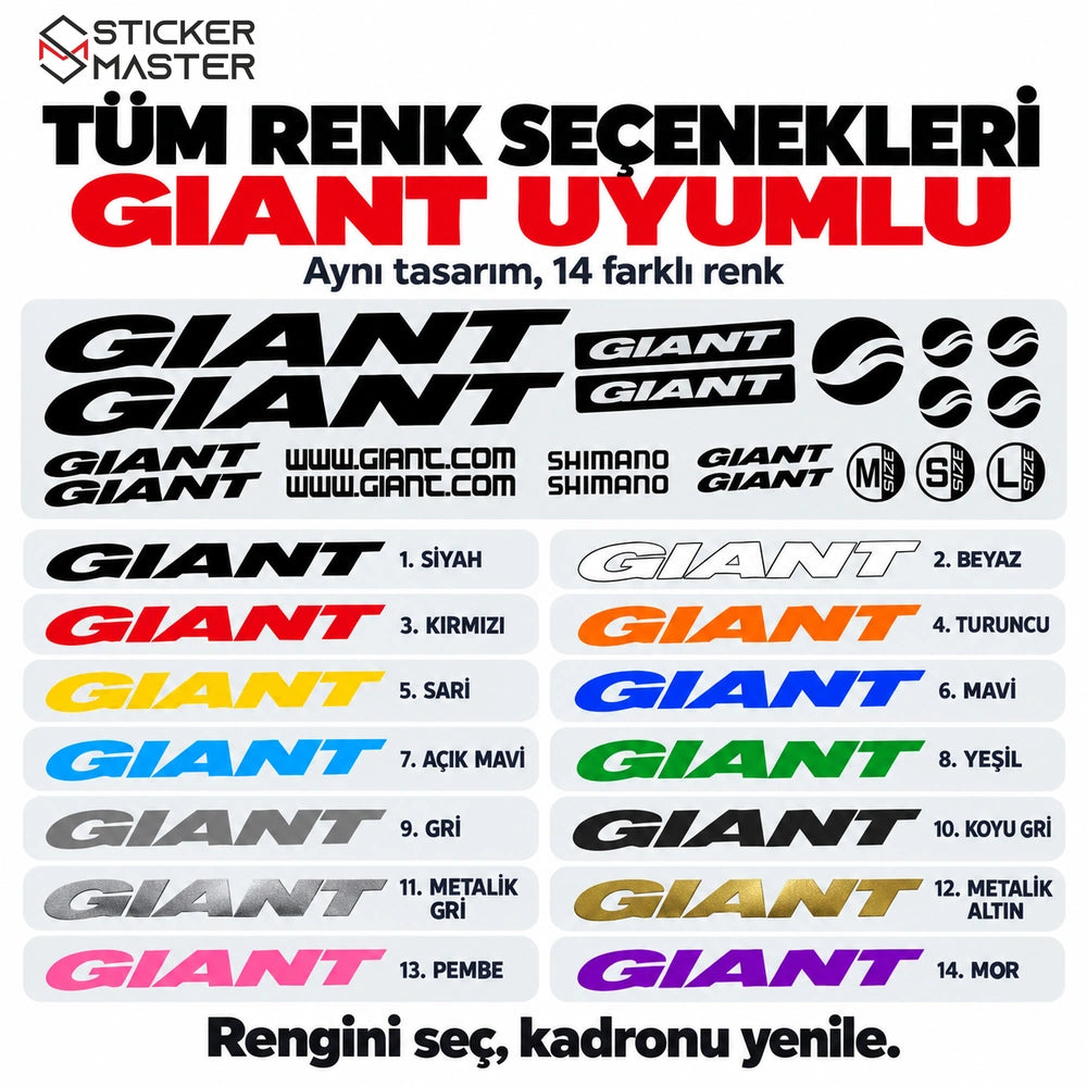 Giant uyumlu kadro sticker setinin 14 renk seçeneği