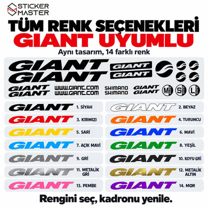 Giant uyumlu kadro sticker setinin 14 renk seçeneği