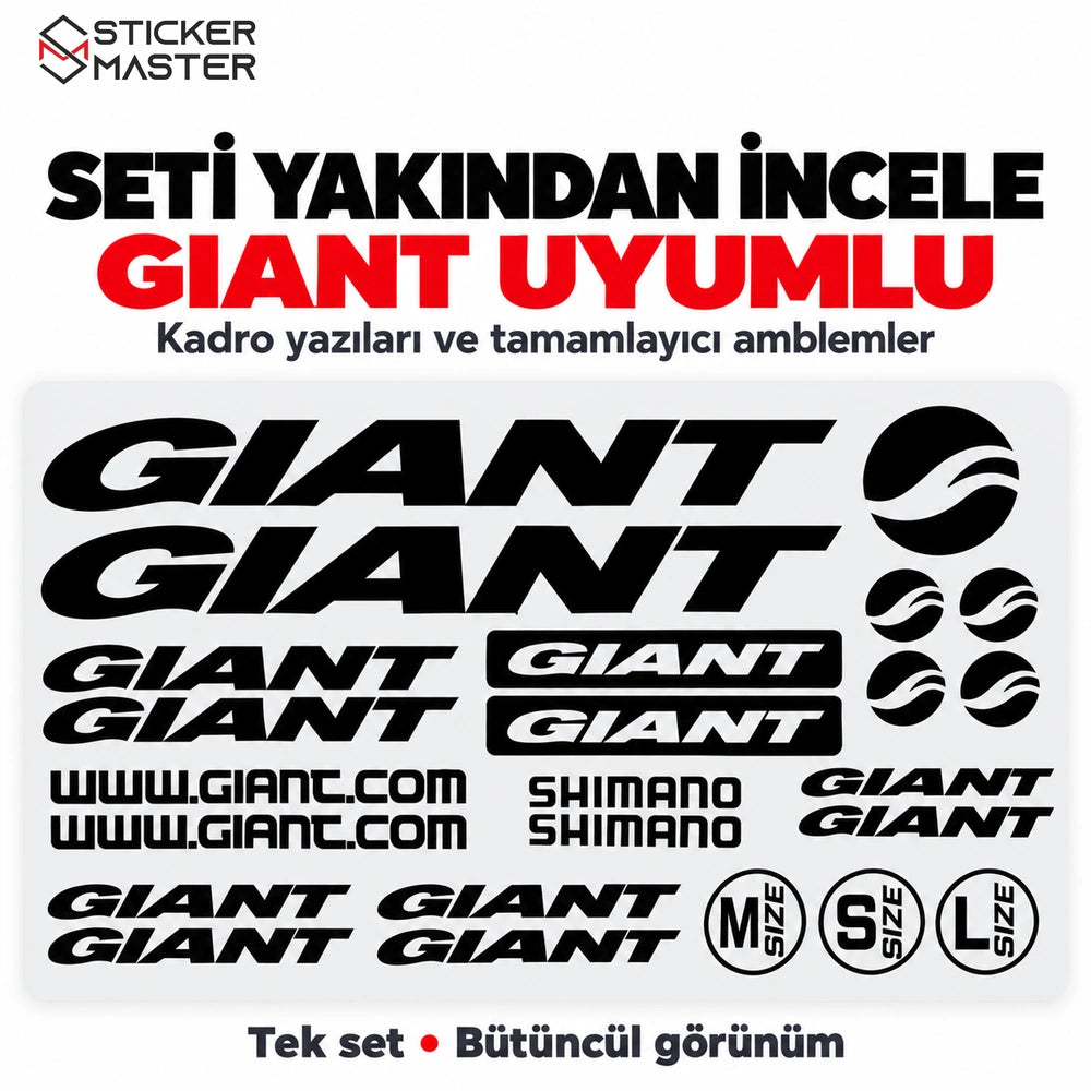 Giant uyumlu bisiklet sticker setindeki yazı ve amblem parçaları