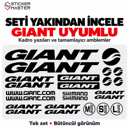 Giant uyumlu bisiklet sticker setindeki yazı ve amblem parçaları