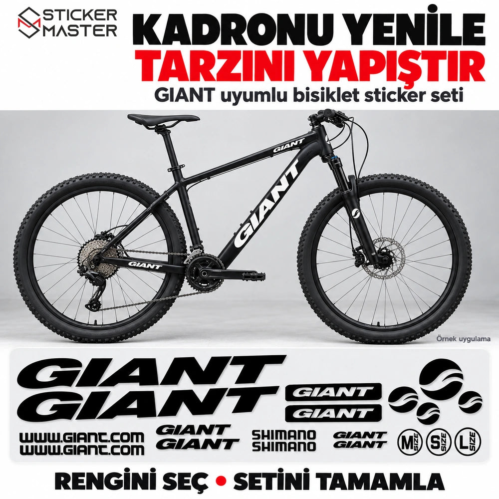 Beyaz Giant uyumlu sticker setinin siyah bisiklet üzerinde örnek uygulaması