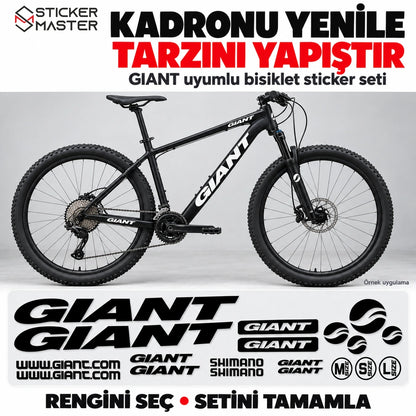 Beyaz Giant uyumlu sticker setinin siyah bisiklet üzerinde örnek uygulaması