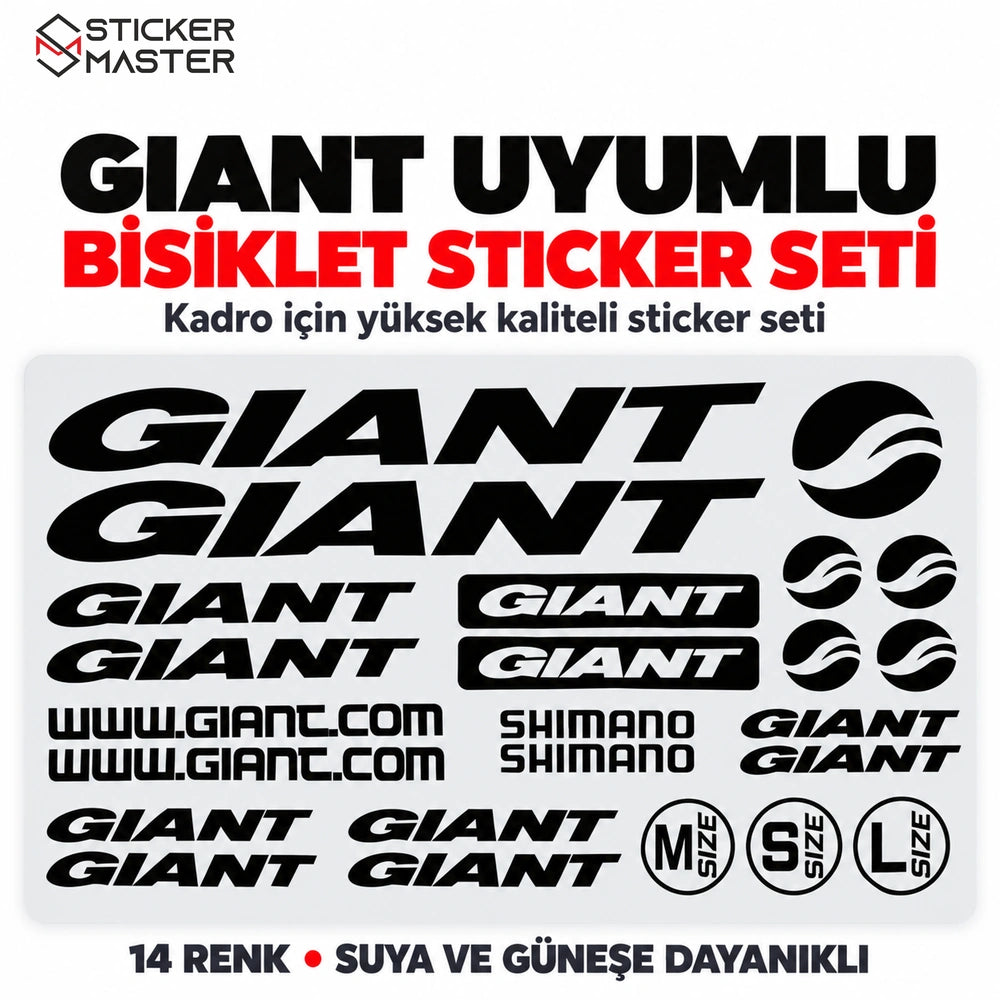 Giant uyumlu bisiklet kadro sticker seti, siyah yazı ve amblem tasarımları
