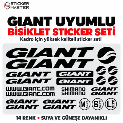 Giant uyumlu bisiklet kadro sticker seti, siyah yazı ve amblem tasarımları