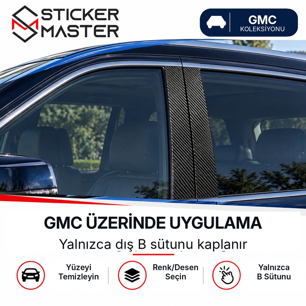GMC araç üzerinde B sütunu karbon desen sticker uygulama örneği, C sütunu dahil değil