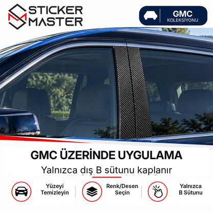GMC araç üzerinde B sütunu karbon desen sticker uygulama örneği, C sütunu dahil değil