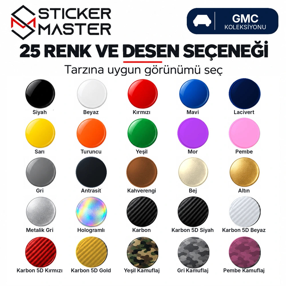 GMC B sütunu kapı direği sticker seti 17 standart, 5 karbon, 3 kamuflaj toplam 25 renk desen