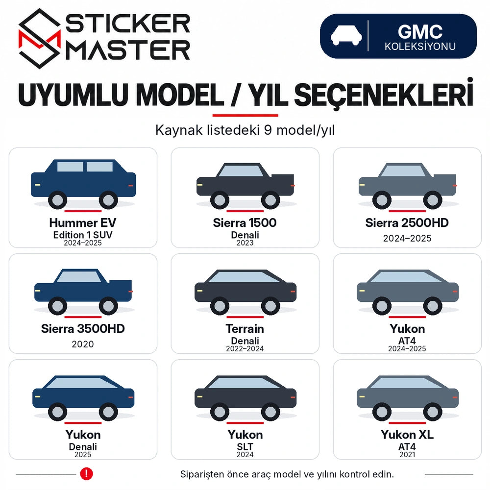 GMC B sütunu kapı direği sticker kaynak listesindeki 9 model ve yıl seçeneği