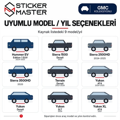 GMC B sütunu kapı direği sticker kaynak listesindeki 9 model ve yıl seçeneği