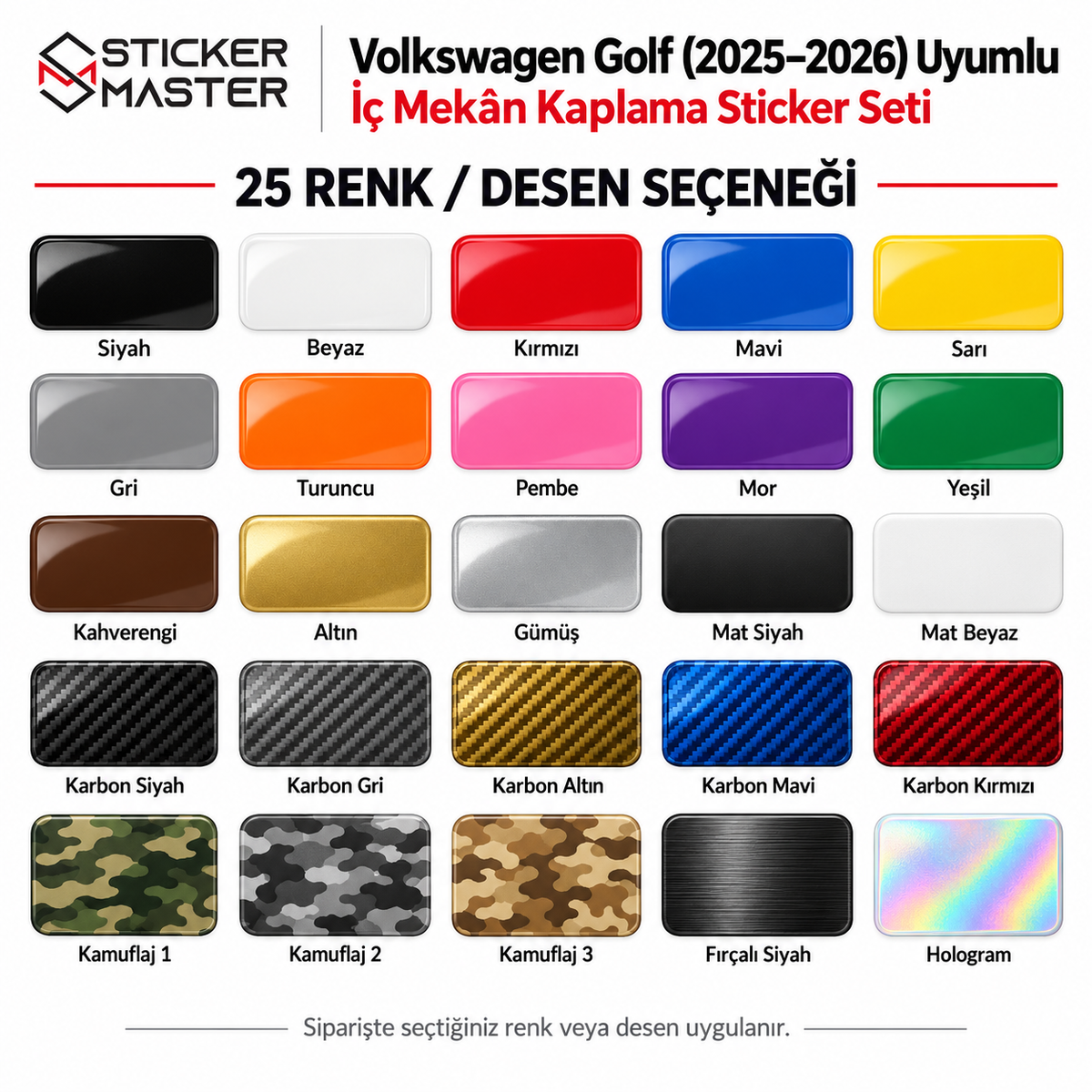 Volkswagen Golf 2025–2026 iç mekân sticker seti - 25 renk ve desen seçenekleri