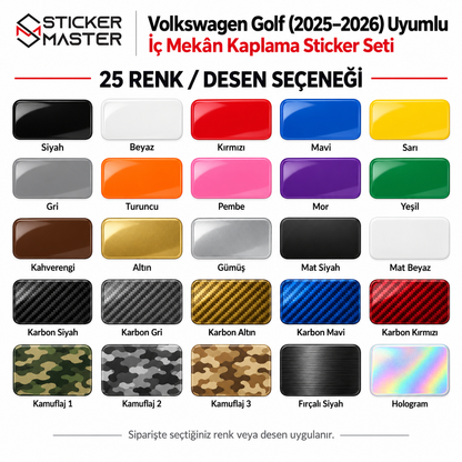 Volkswagen Golf 2025–2026 iç mekân sticker seti - 25 renk ve desen seçenekleri