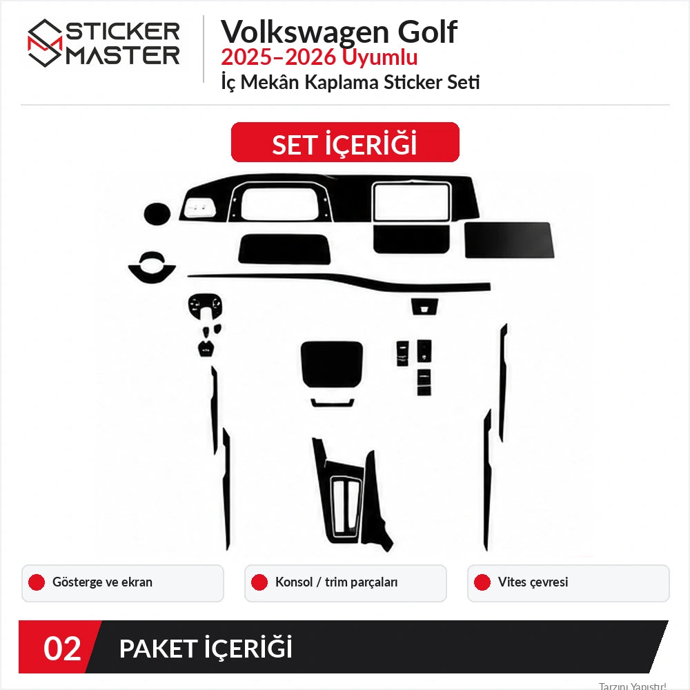 Volkswagen Golf 2025–2026 iç mekân sticker seti paket içeriği
