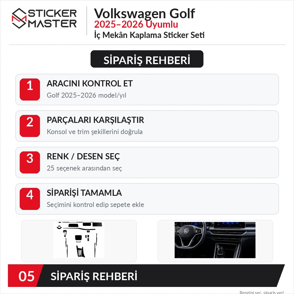 Volkswagen Golf 2025–2026 iç mekân sticker sipariş rehberi