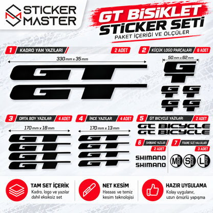 GT bisiklet uyumlu sticker seti paket içeriği ve ölçüler