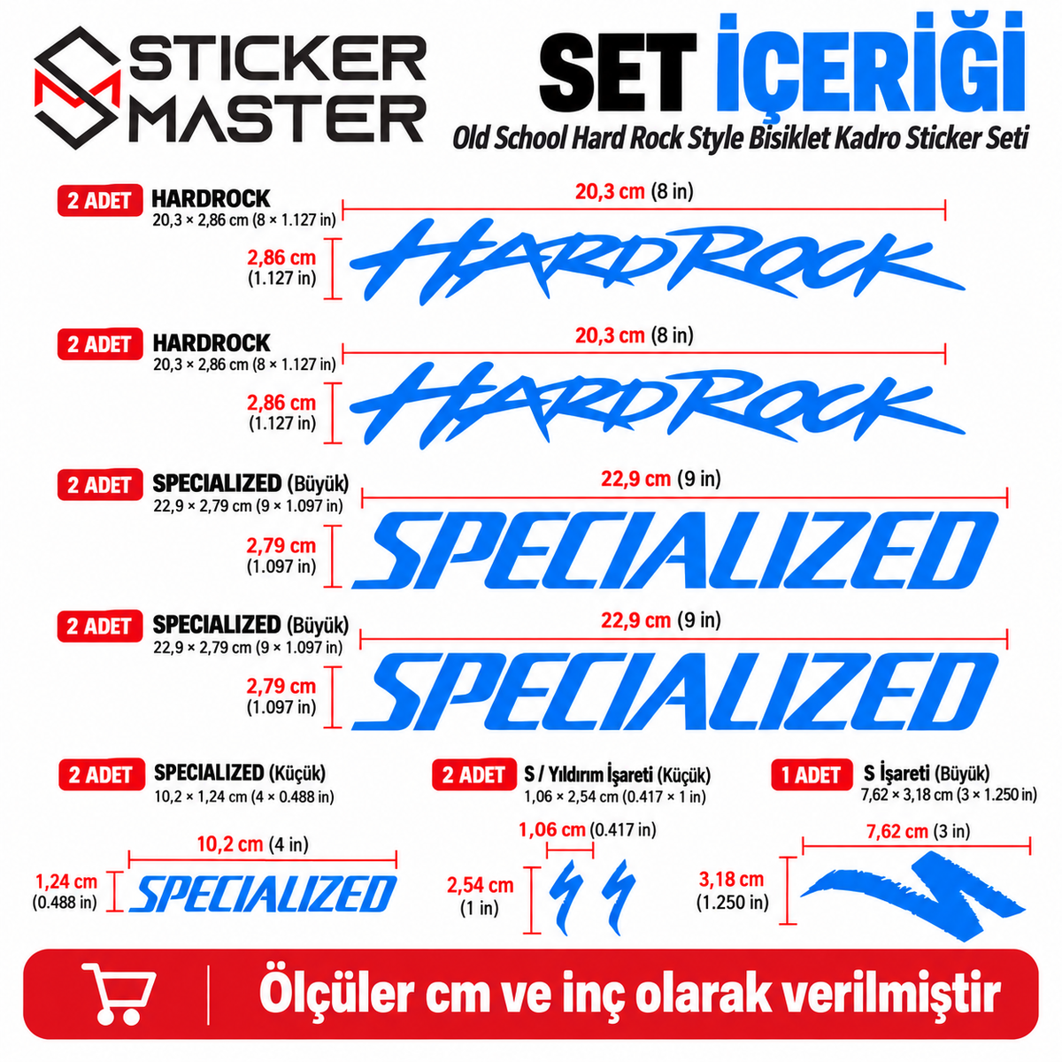Specialized HardRock sticker set içeriği cm ve inç ölçüler