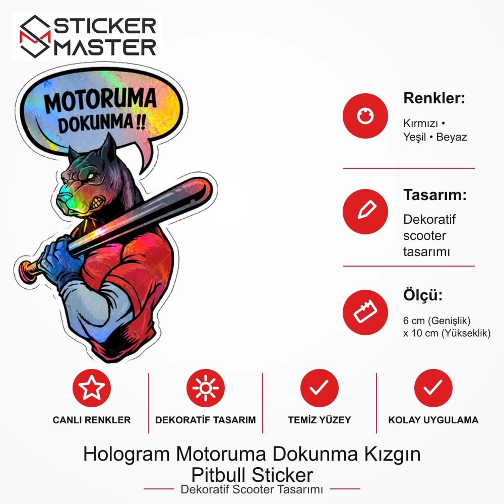 Vespa Uyumlu HLG42-Hologram Motoruma Dokunma Kızgın Pitbull Sticker ölçü, renk ve ürün bilgisi - 6 cm (Genişlik) x 10 cm (Yükseklik) - Sticker Master