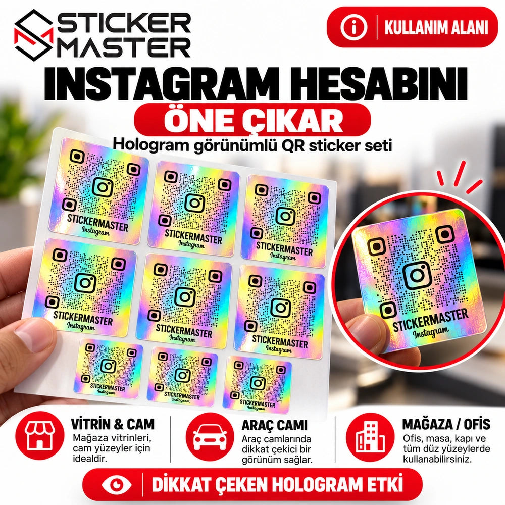 Hologram QR Instagram Sticker Seti - hologram efektli etiketlerin cam vitrin kullanım alanları